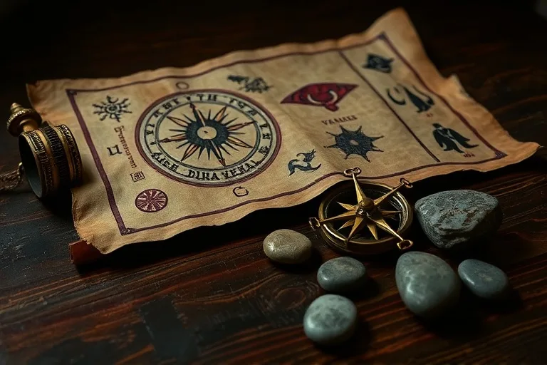 Cinematic still life of an ancient scroll with elemental diagrams, an antique compass, and polished river stones on a dark wooden table, subtly lit.