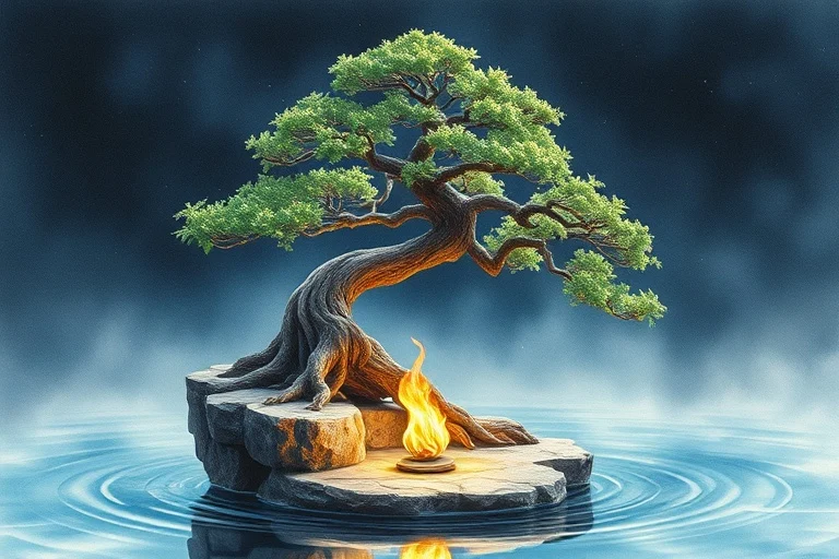 Watercolor painting of a serene bonsai tree in a stone, beside a clear water pool, with subtle flame and metallic sheen, representing elemental balance.