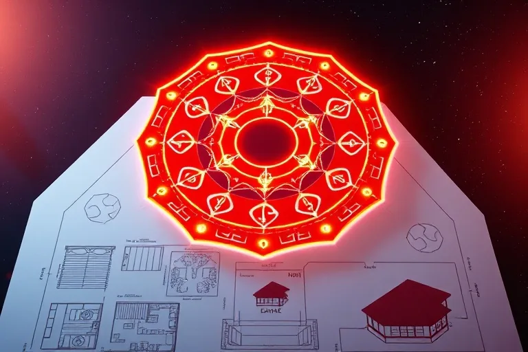 3D digital illustration of a glowing Bagua map over a house blueprint with elemental symbols
