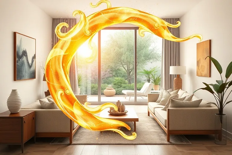 Watercolor painting of golden Chi energy flowing through a stylized home interior
