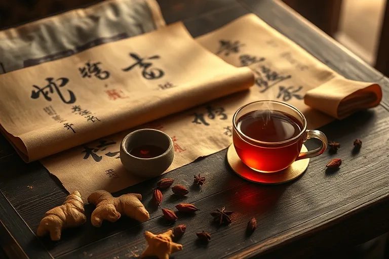 Cinematic still life of ancient Chinese scrolls and elemental symbols on a wooden table, next to herbal tea and raw ingredients like ginger and goji berries, under soft, warm lighting.