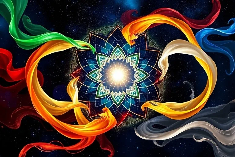 Abstract conceptual art painting showing the five elements (wood, fire, earth, metal, water) as flowing ribbons of green, red, yellow, white, and blue/black colors, intertwining around a central glowing orb, symbolizing balanced vitality.