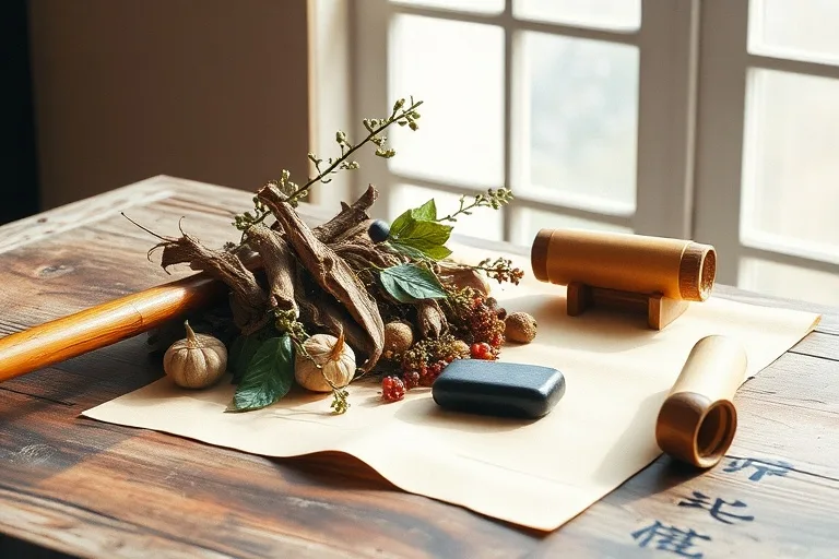 Acuarela painting of a serene still life with ancient Chinese herbal remedies, a bamboo brush, ink stone, and a partially unrolled scroll on a wooden table.