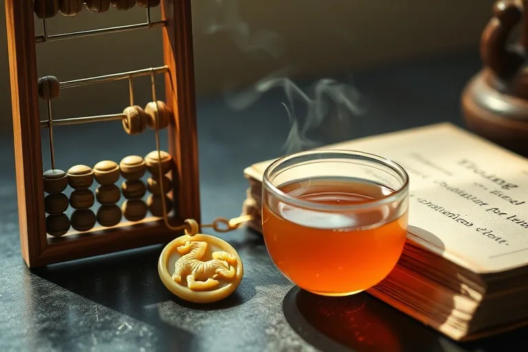 Cinematic still life featuring a vintage abacus, an intricately carved jade pendant, a cup of herbal tea, and a worn leather-bound book on traditional Chinese philosophy.