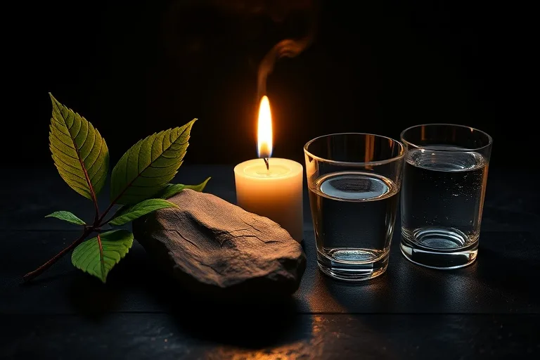 Cinematic still life of five symbolic objects representing the elements: a green leaf, a flickering candle, a polished stone, a metallic artifact, and a glass of water, dramatically lit.