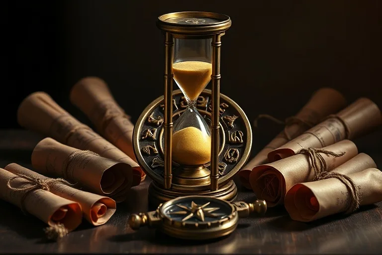 Antique hourglass with sand flowing into zodiac wheel, surrounded by scrolls and compass