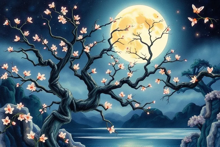 Watercolor painting of moonlit garden, tree branch forming zodiac animal silhouette