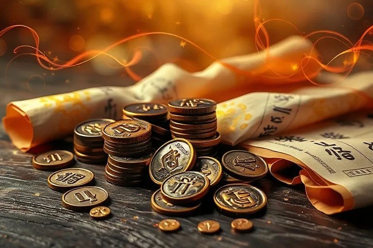 Ancient Chinese coins and calligraphy scrolls on a dark wooden table, illuminated by a soft light.