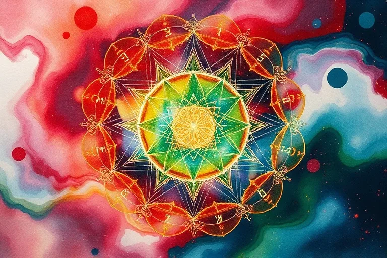 Abstract watercolor painting with swirling red, gold, green, and blue colors, showing ethereal numerical patterns.
