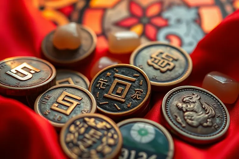 An extreme close-up macro photograph of antique Chinese coins and jade pieces resting on a vibrant red silk cloth, with subtle golden numerical engravings. The scene is softly lit, highlighting the textures and auspicious colors.