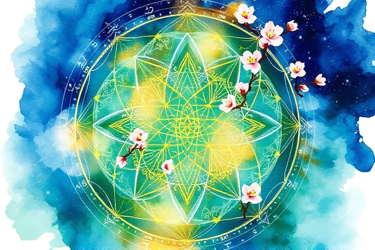 A serene watercolor painting depicting abstract swirls of vibrant blues, greens, and golds, with subtle numerical patterns emerging from the fluid brushstrokes. Delicate cherry blossoms drift across the composition, symbolizing harmony and prosperity in an ethereal light.