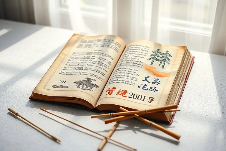 A serene watercolor still life of an open ancient Chinese almanac with abstract life stages and divination sticks.