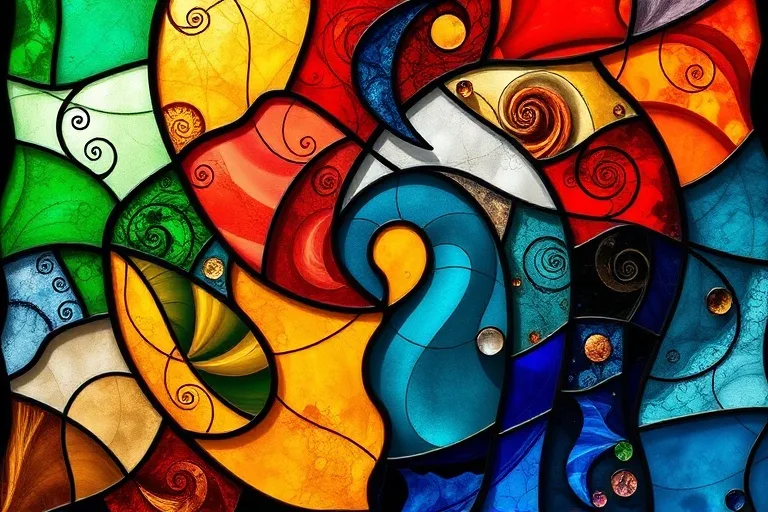 A conceptual art piece depicting a fragmented mosaic of life stages, with elemental colors and abstract symbols of growth and wisdom.