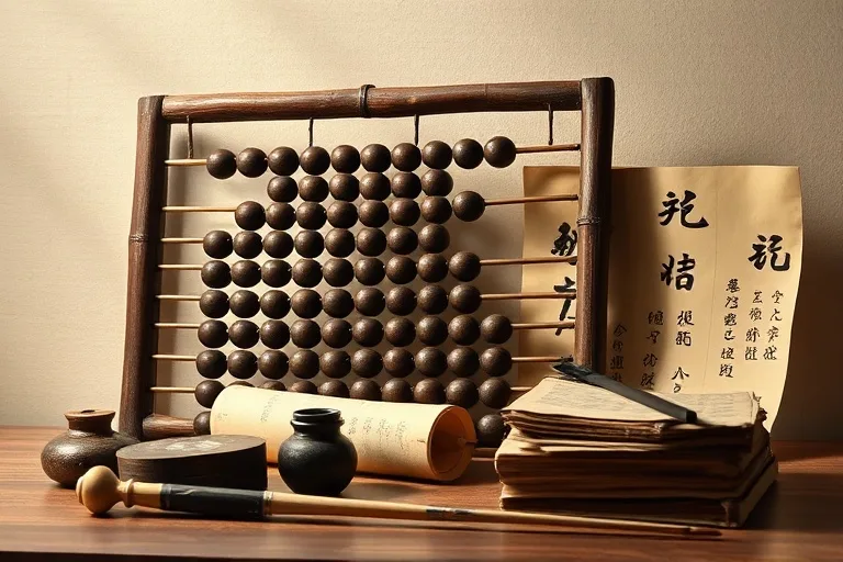 Vintage photograph of ancient Chinese scholarly tools like scrolls and an abacus.