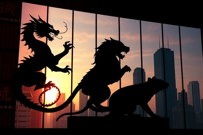 Conceptual art of minimalist zodiac animal silhouettes casting shadows on a modern cityscape.