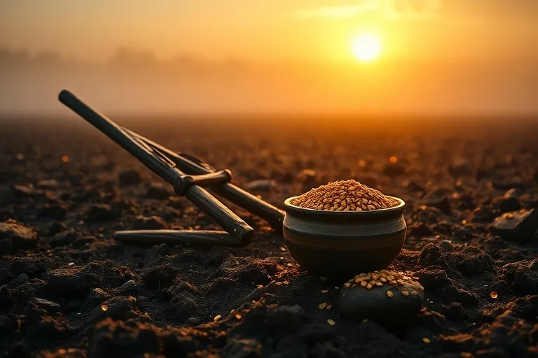 Cinematic still life photography, a weathered wooden plough resting in a field at dawn, surrounded by freshly tilled earth, with golden sunlight breaking through morning mist. A single, sturdy ceramic bowl filled with grains sits nearby. Focus on texture and atmospheric lighting.