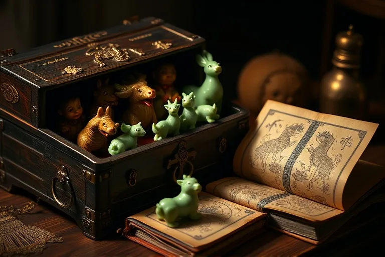 Cinematic still life of an antique wooden chest revealing miniature jade animal figurines, with a worn celestial book, illuminated by soft, dramatic light.