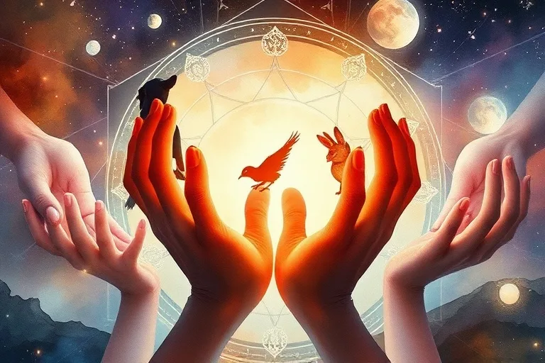 Watercolor painting of abstract flowing water and earthy tones, with translucent silhouettes of pet paws and human hands intertwined, against a faint celestial map.