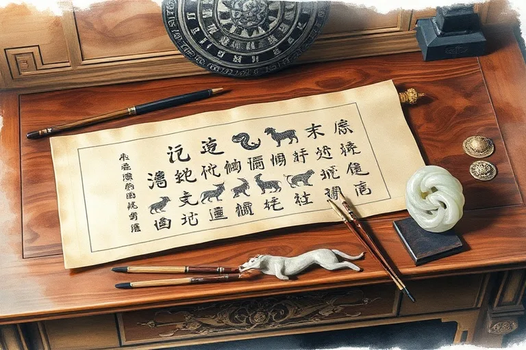 Watercolor painting of an antique wooden desk with an open scroll showing subtle Chinese zodiac animal outlines, surrounded by traditional ink brushes and a jade carving.