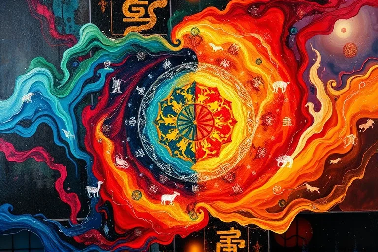 Oil painting, an abstract depiction of the five elements flowing and merging, with faint symbolic patterns of animal archetypes emerging from the elemental currents.