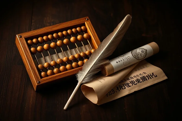 Still life of an abacus, quill, and calligraphy scroll, symbolizing meticulous planning and wisdom.