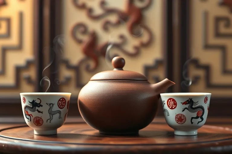 An extreme close-up oil painting of a traditional Yixing clay teapot and two small, intricately painted cups, with steam gently rising, set against a blurred Chinese screen.