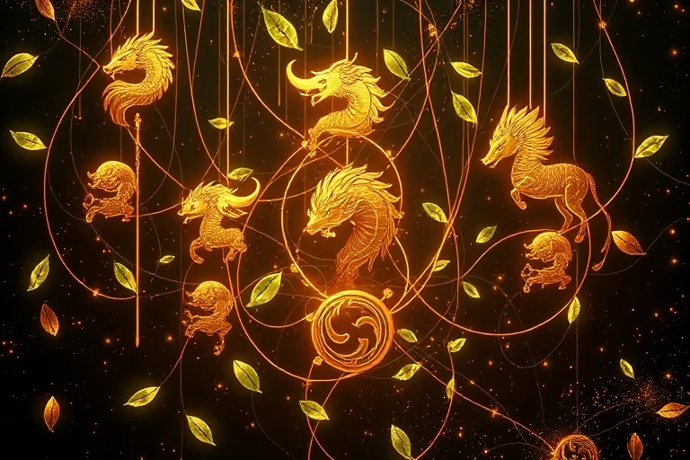 A 3D digital illustration of abstract golden threads weaving between stylized Chinese zodiac animal symbols and delicate tea leaves, forming a complex, glowing network against a dark, cosmic background, emphasizing interconnectedness.