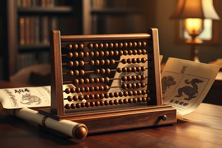 Vintage abacus on a desk with zodiac scrolls, representing traditional business wisdom.