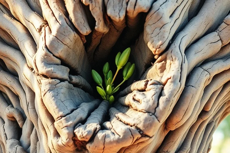 Watercolor painting of a gnarled olive tree branch with fresh green shoots emerging from a visible crack in the bark, symbolizing resilience and healing.