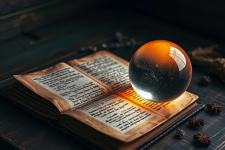 Cinematic still life photography of an antique leather-bound journal open to a page with handwritten wisdom, next to a polished crystal sphere reflecting a warm, guiding light, on a worn wooden desk, surrounded by scattered dried herbs.