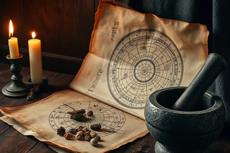 Cinematic still life of an ancient scroll with a constellation map, healing herbs, and a mortar and pestle.
