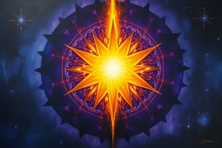 Abstract oil painting of a canvas with deep blues and purples, featuring a central fissure radiating golden light.