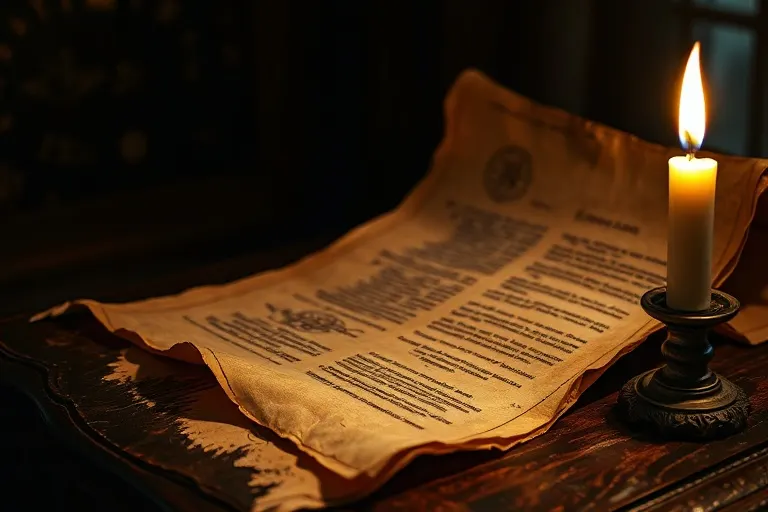 A close-up, cinematic still life of an ancient, weathered scroll unfurling on a dark, polished wooden desk. A single, flickering candle casts long shadows, illuminating intricate, symbolic astrological glyphs faintly drawn on the parchment. A small, delicate, antique compass lies beside it, pointing vaguely towards the scroll, suggesting a quest for direction and understanding. The atmosphere is one of quiet contemplation and discovery.
