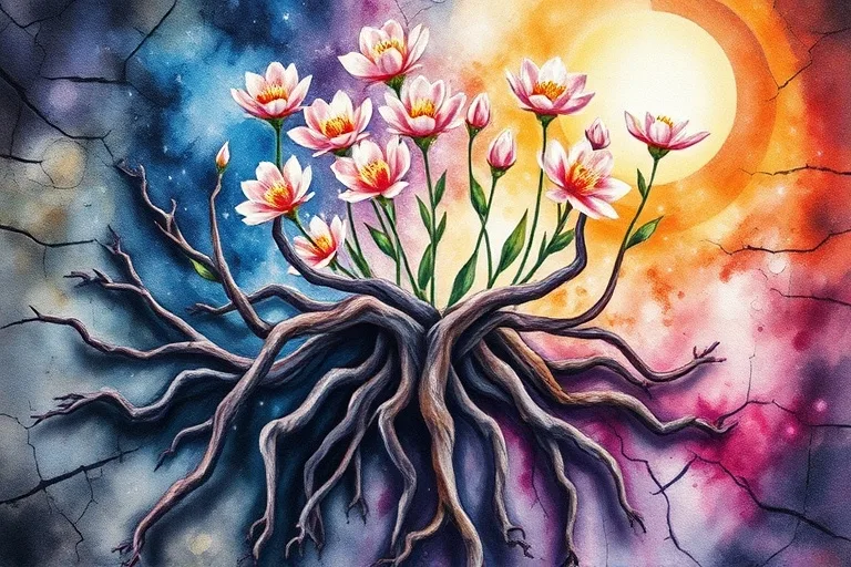 An abstract, vibrant watercolor painting depicting intertwining roots and luminous, blossoming flowers emerging from a cracked, earthy surface. The colors transition from deep, muted tones at the roots to bright, hopeful pastels in the blooms, symbolizing growth, resilience, and the beauty found in healing and transformation. No discernible human figures or text.