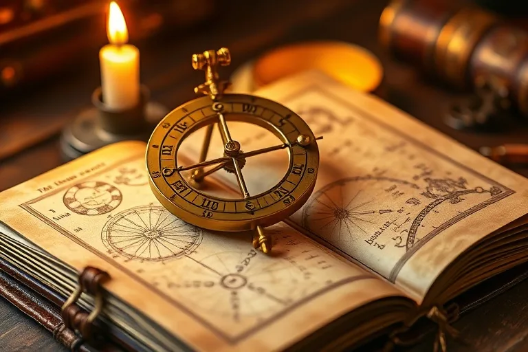 Still-life photography, a vintage brass astrolabe resting on an open, antique leather-bound book filled with star charts and mathematical notations. A single, flickering candle casts warm light, highlighting the intricate details of the instruments.
