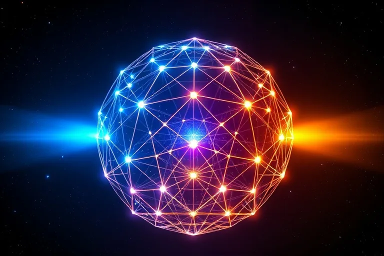 3D render, a stylized, glowing geometric representation of a celestial sphere, with interconnected lines and nodes forming a complex network. Two distinct light sources, one blue and one orange, subtly blend at the center, symbolizing the union of two individuals.
