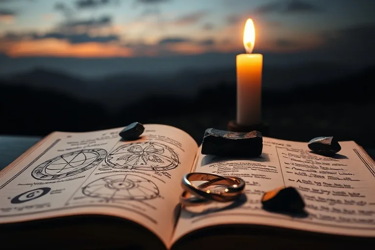 Still life of an open astrological text with chart calculations, obsidian crystals, and an intertwined silver and gold ring, lit by candlelight.
