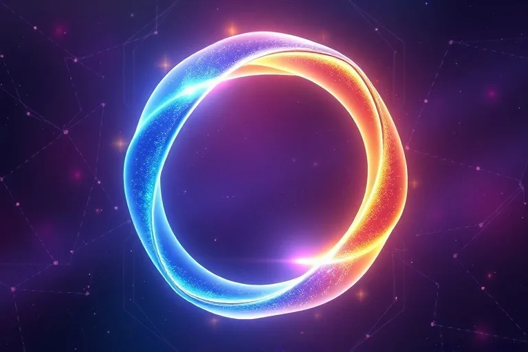 Abstract conceptual art of intertwined ribbons of blue and gold light forming an infinite loop against an ethereal background with geometric patterns.