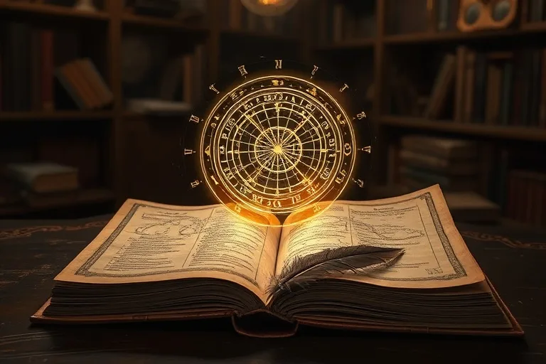An antique astronomy book open on a desk with a quill, showing a holographic astrological chart, representing deep analysis.
