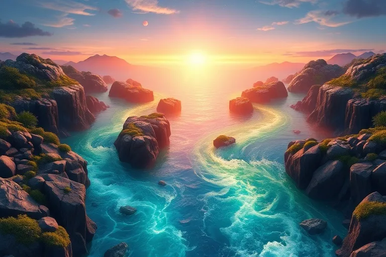 An oil painting depicting two distinct rivers merging into a unified stream, symbolizing the harmonious blending of destinies.