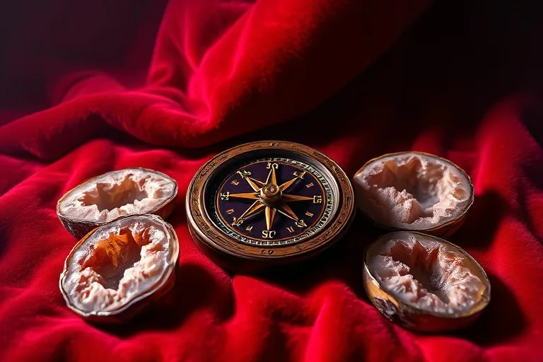 An antique wooden compass on velvet, surrounded by geode halves, under dramatic lighting, symbolizing relationship dynamics.