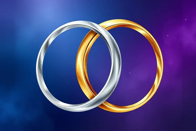 Conceptual art of two intertwined metallic ribbons, silver and gold, forming an infinite loop against a deep blue and purple gradient.