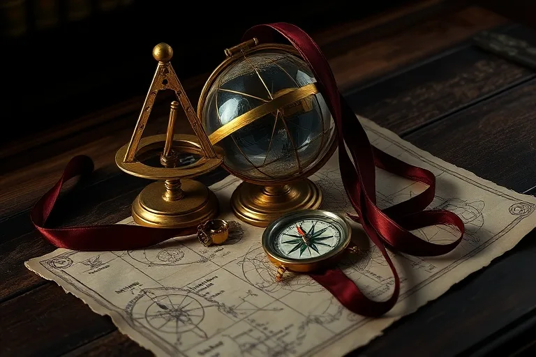A detailed still life photograph featuring antique astrological tools, intertwined ribbons, and a partially unfurled map, symbolizing the intricate navigation of relationship dynamics.