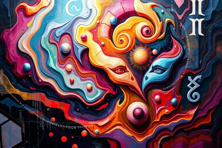 Abstract oil painting with swirling, vibrant colors depicting transformation and growth, subtly integrating astrological glyphs, symbolizing the evolving nature of relationships.