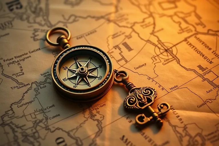 Still life photo of an antique compass and key on a map, symbolizing relationship guidance