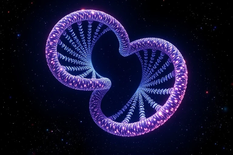 3D isometric render of a glowing double helix representing intertwined destinies