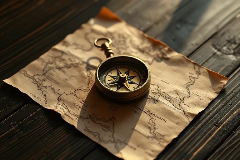 An antique compass and a worn-out map on a wooden table, illuminated by soft light, symbolizing shared direction and journey.