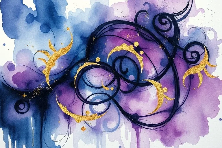 Abstract watercolor painting with blended blues, purples, and golds, showing interconnectedness and evolving patterns.