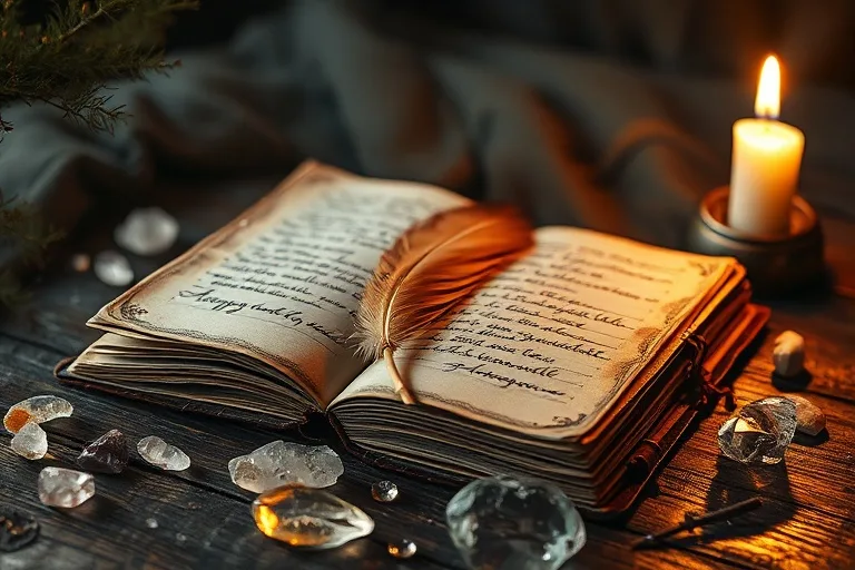 Cinematic still life of an open leather journal with handwritten notes, a feather quill, and polished crystals on a rustic wooden table, illuminated by a flickering candle.