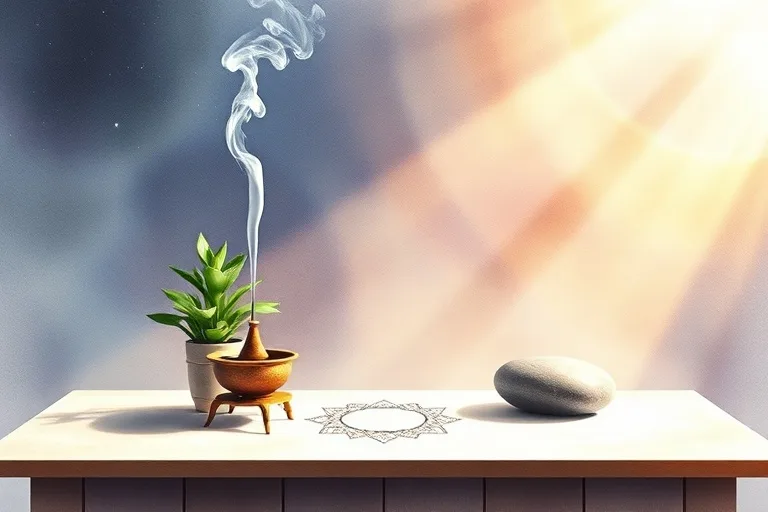 Watercolor painting of a serene altar with an incense burner, a potted plant, and a river stone, bathed in soft light.